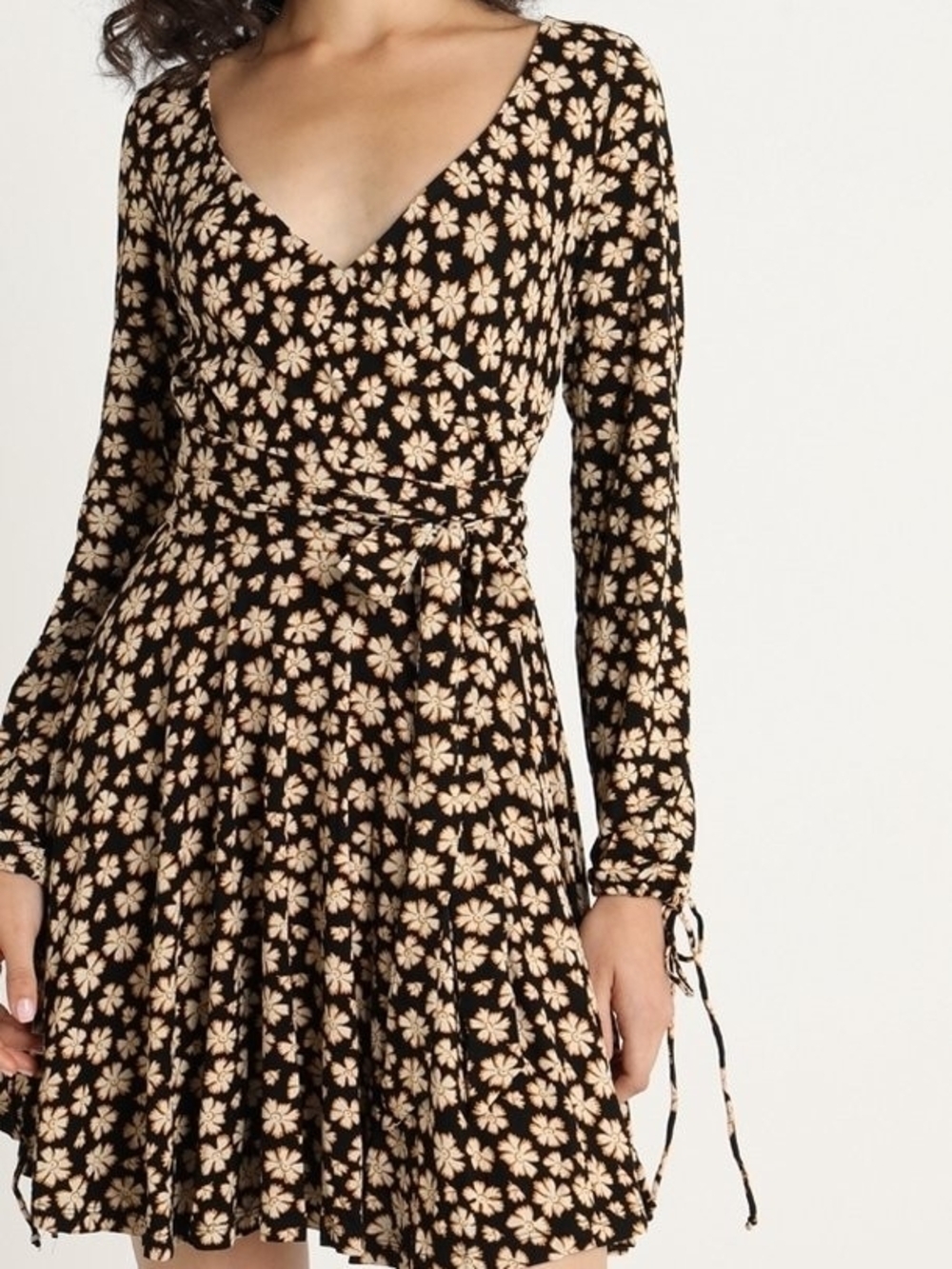 Free People Black Floral Wrap Dress Long Sleeve Boho Mini Dress Large - Picture 1 of 6